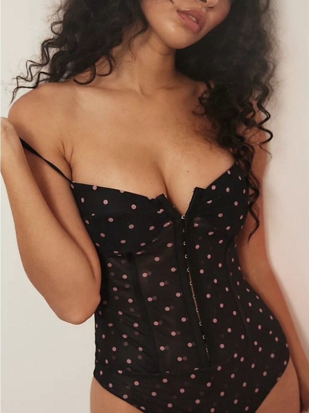 Intimately Free People Night Rhythm corset Bodysuit black mesh fabric pink dot S